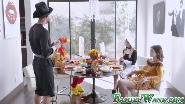 Thanksgiving cosplay hardcore foursome ends with cum facials