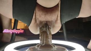 Busty mistress Misty Thyghs rides massive browndick with her luscious hirsute vulva.