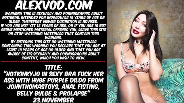 Hotkinkyjo in tight bra gets deep anal👌 penetration with big purple dildo &mdash;  butt🍑-fucking &mdash;  bulging belly and pussy🌮️ prolapse