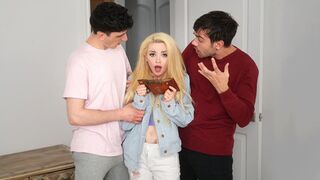 Stepbrothers plug Lola Fae's tight asshole with big cocks in roughreesome action